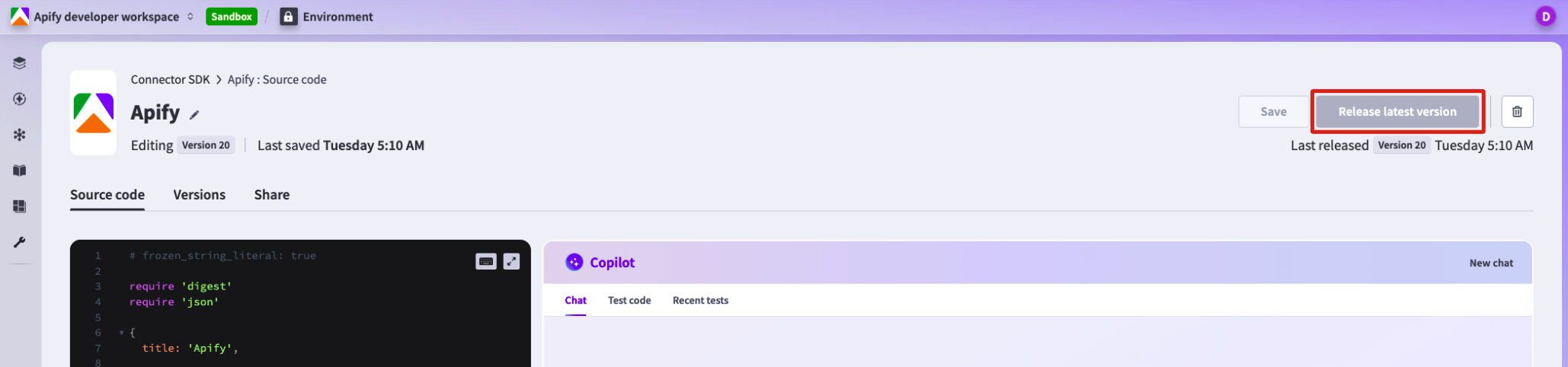 Screenshot showing the Release latest version button in the Workato Connector SDK
