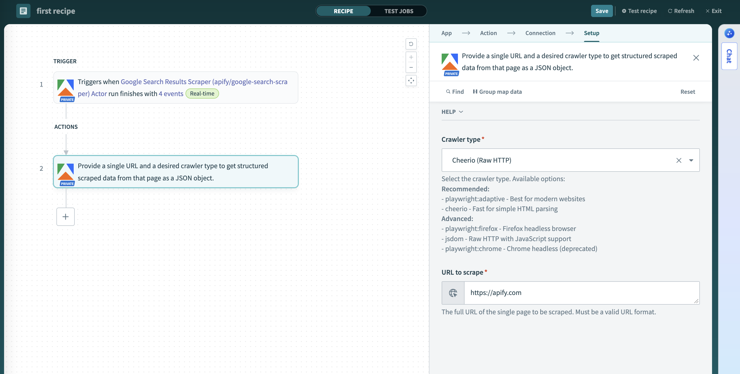 Screenshot of the scrape single URL action configuration in Workato