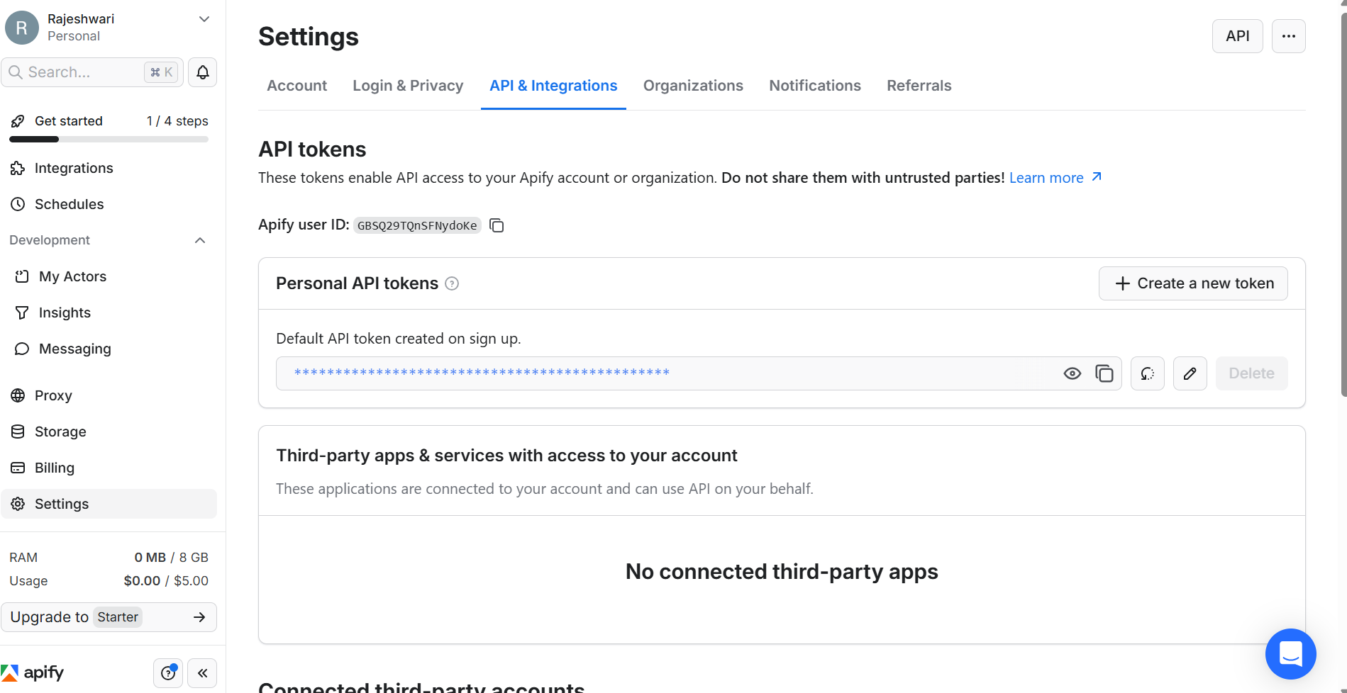Apify API token settings